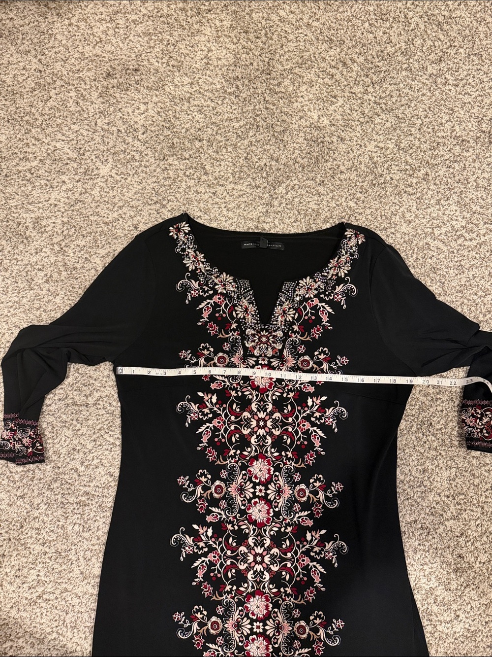 White House Black Market Black Tunic with Pink and Cream Embroidery - Picture 6 of 6